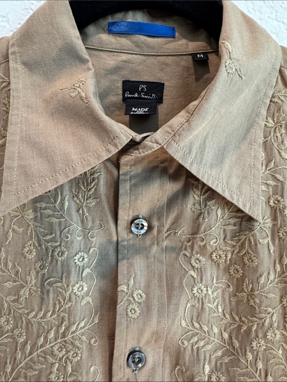 PS Paul Smith Beige Tan Embroidered Floral Button-Down Shirt